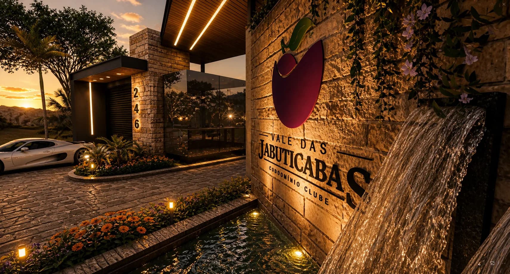 Detalhe noturno da cascata da fachada com espelho d'água e logo em muro de pedra (imagem ilustrativa)